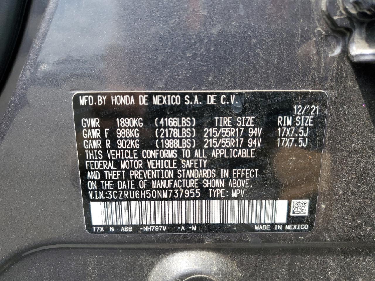 3CZRU6H50NM737955 2022 Honda Hr-V Ex