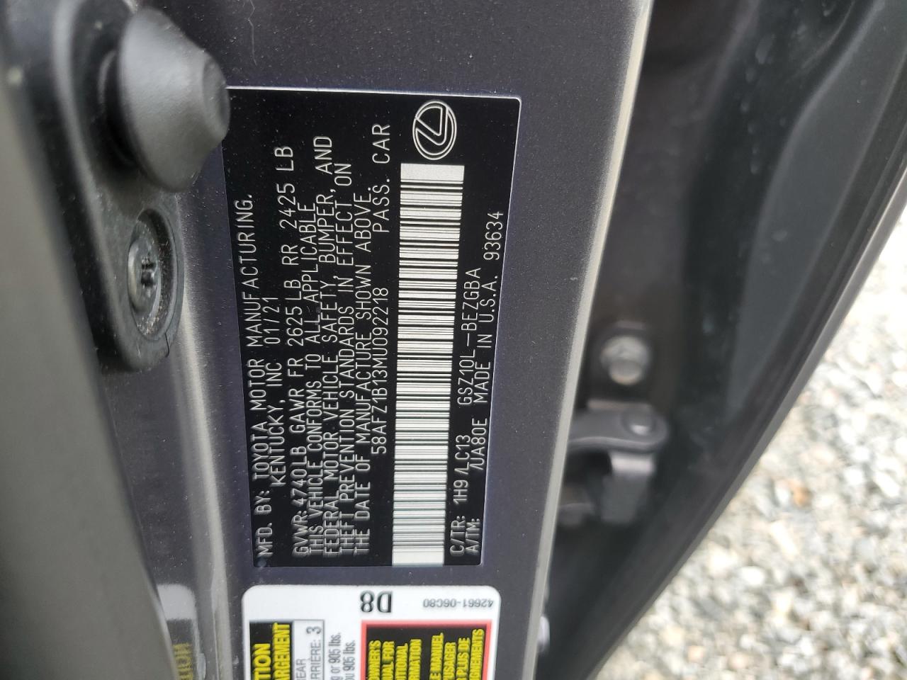 2021 Lexus Es 350 Base VIN: 58AFZ1B13MU092218 Lot: 66490704