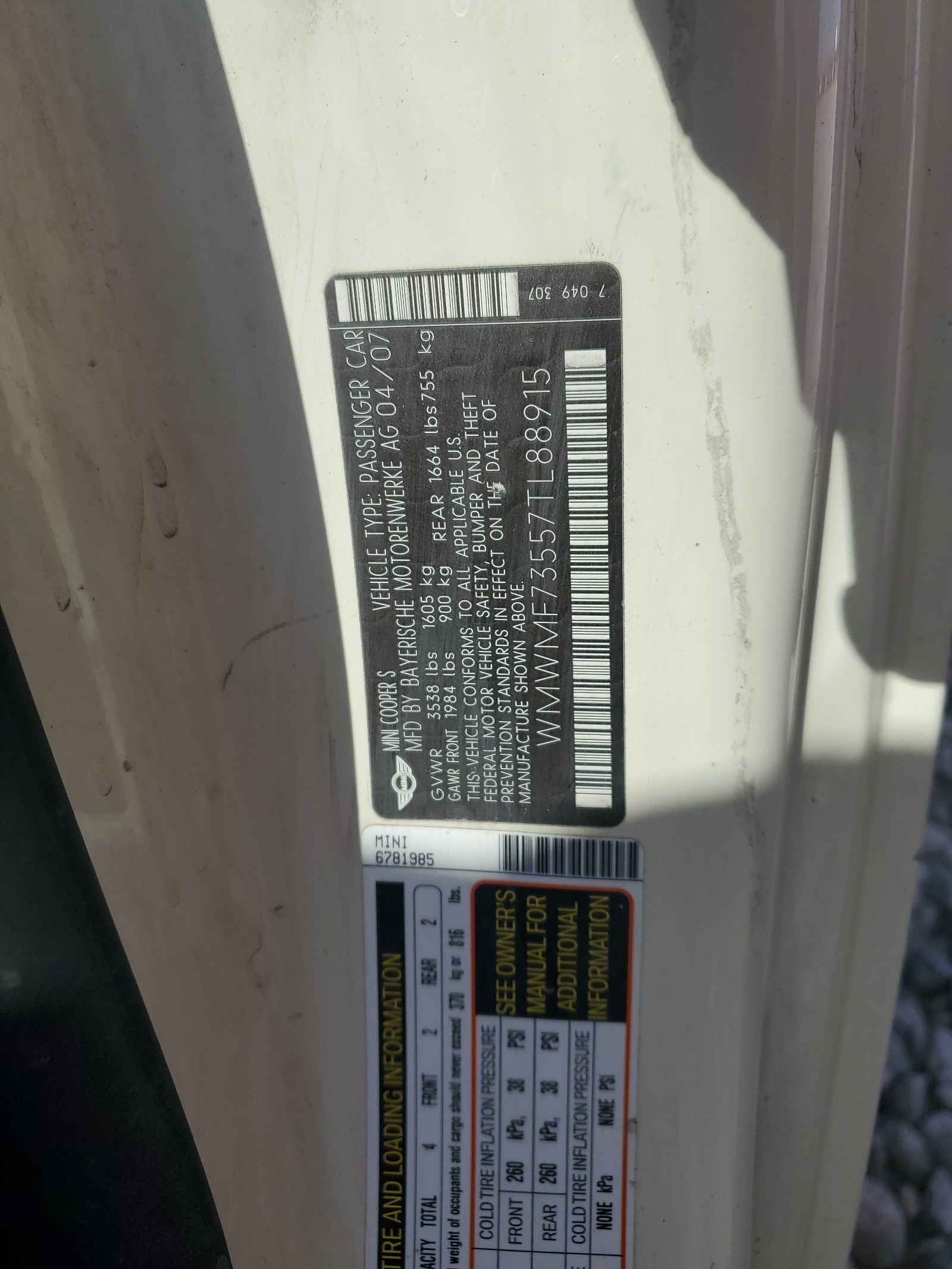 WMWMF73557TL88915 2007 Mini Cooper S
