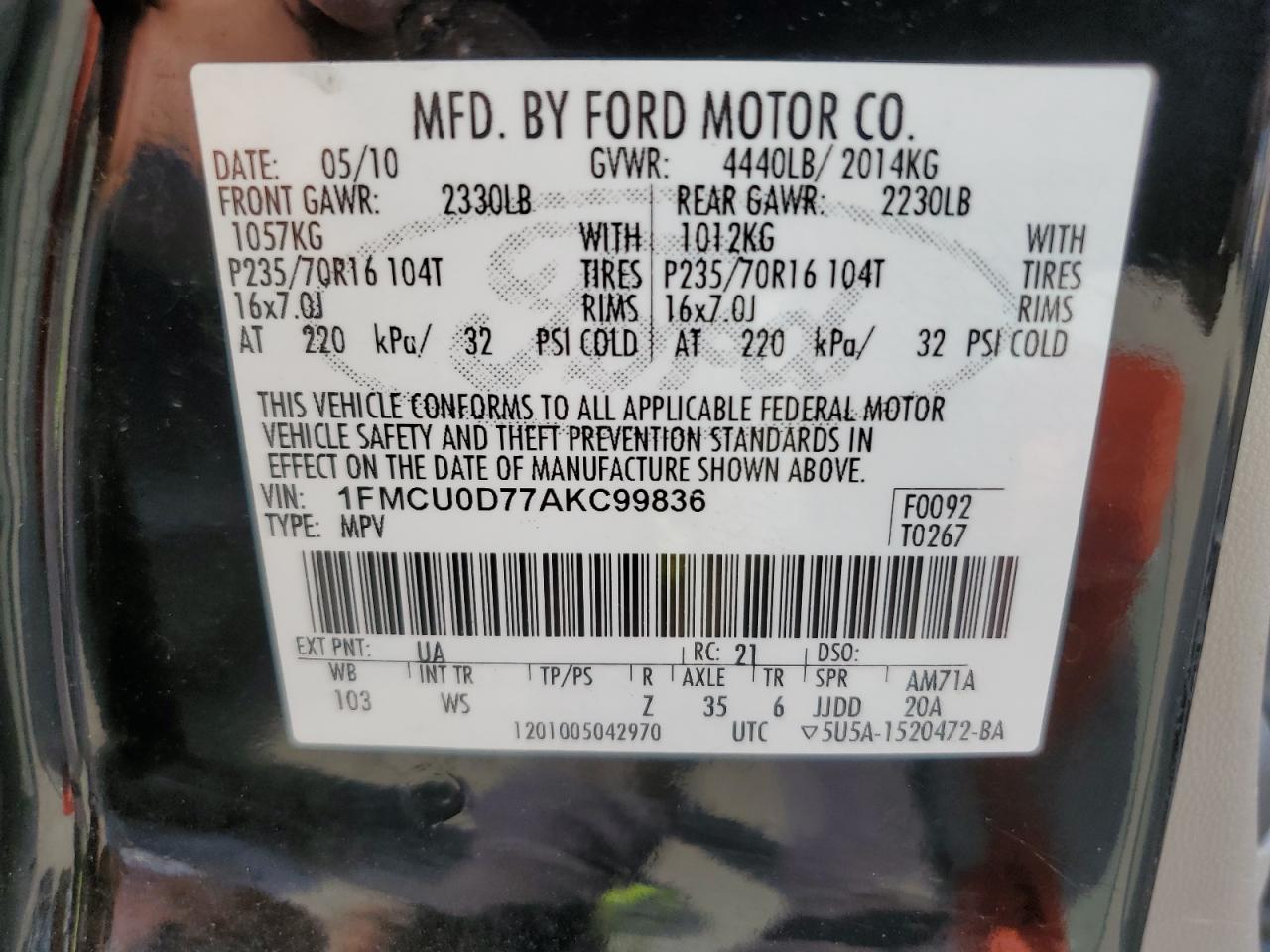 1FMCU0D77AKC99836 2010 Ford Escape Xlt