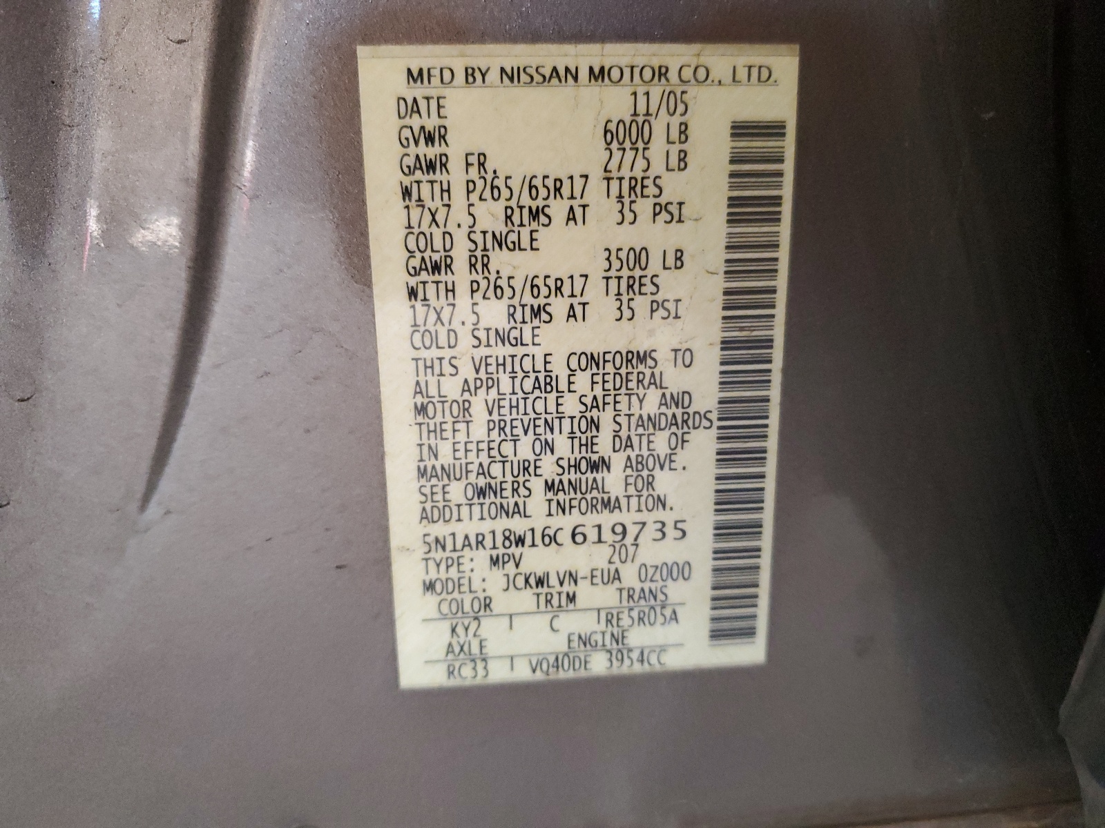 5N1AR18W16C619735 2006 Nissan Pathfinder Le