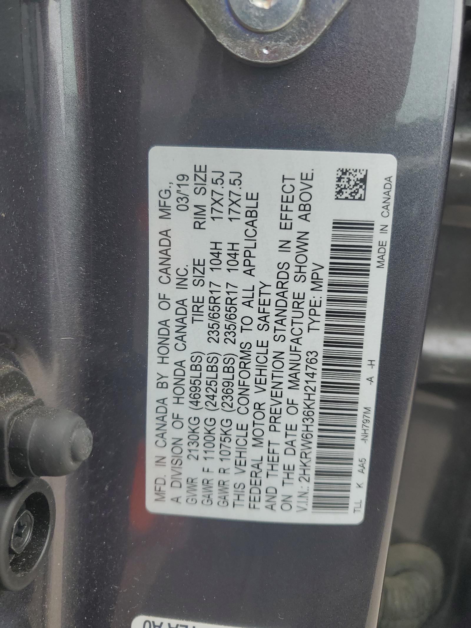 2HKRW6H36KH214763 2019 Honda Cr-V Lx