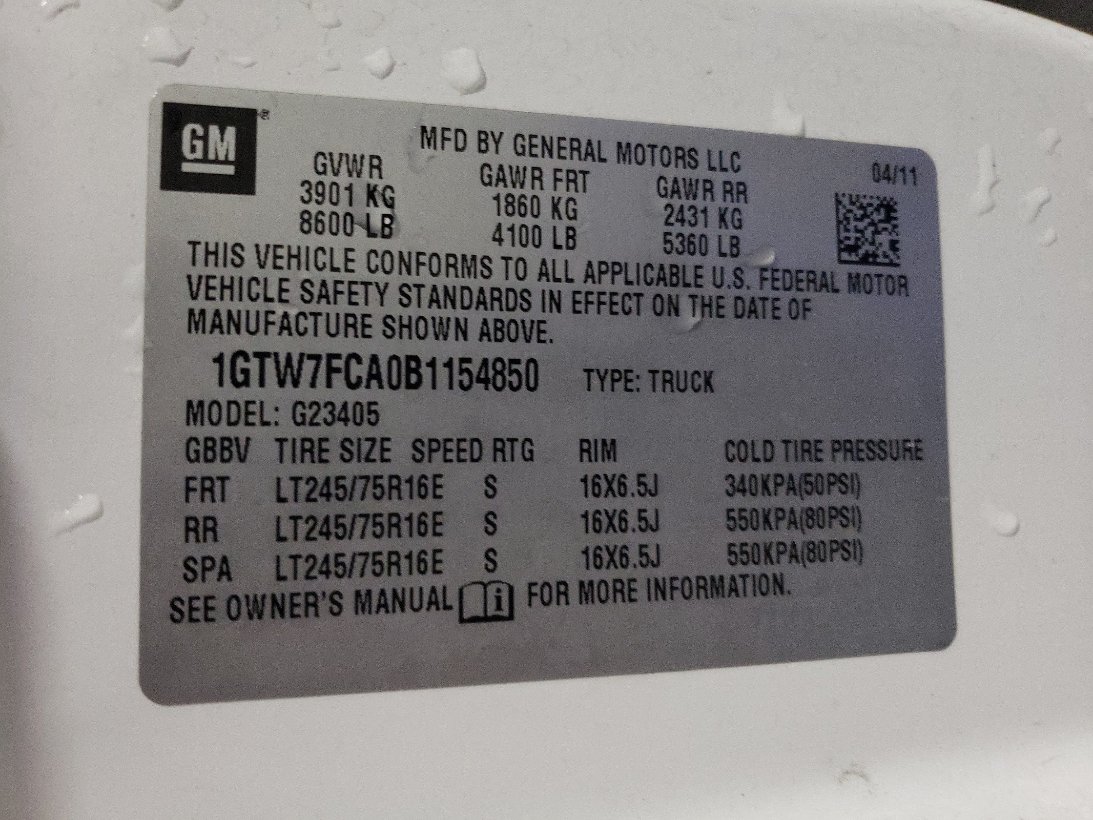 1GTW7FCA0B1154850 2011 GMC Savana G2500