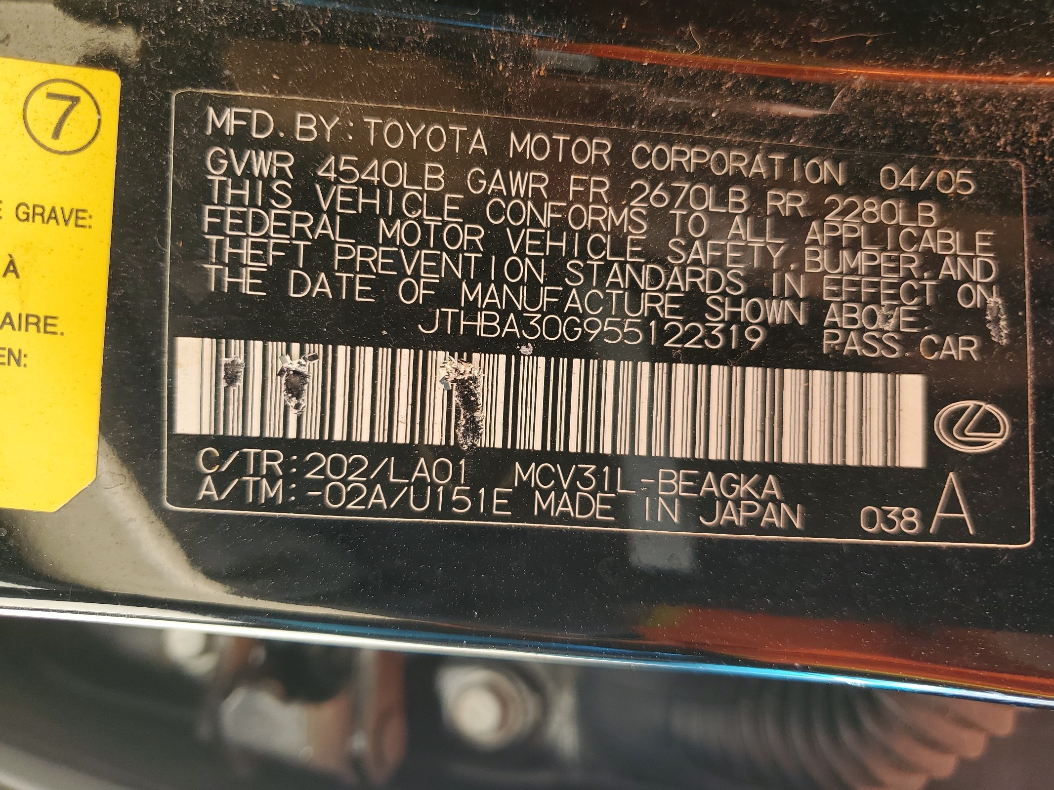 JTHBA30G955122319 2005 Lexus Es 330