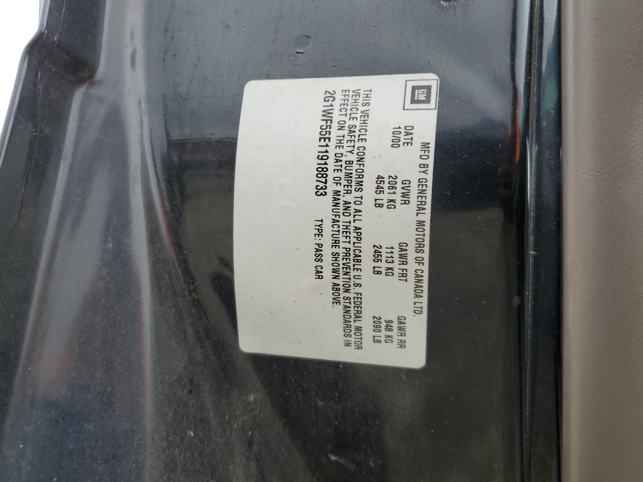 2001 Chevrolet Impala VIN: 2G1WF55E119188733 Lot: 67858324