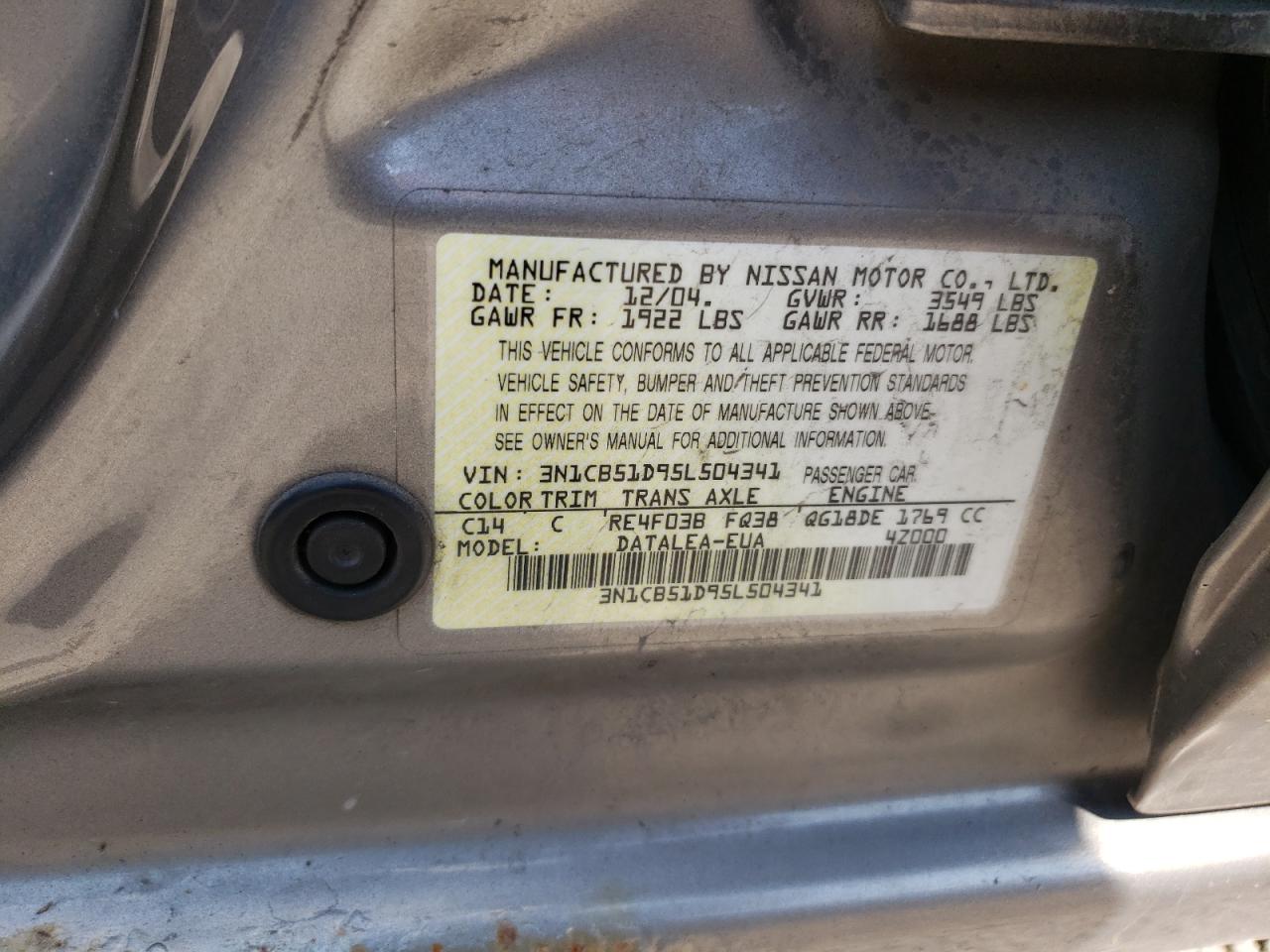 2005 Nissan Sentra 1.8 VIN: 3N1CB51D95L504341 Lot: 67391314