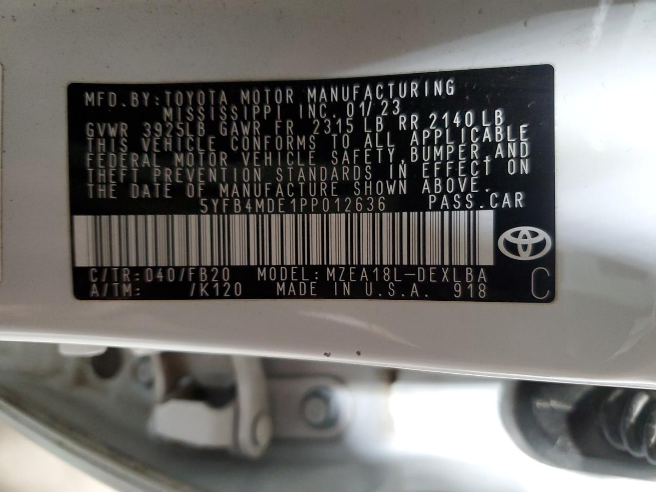 5YFB4MDE1PP012636 2023 Toyota Corolla Le