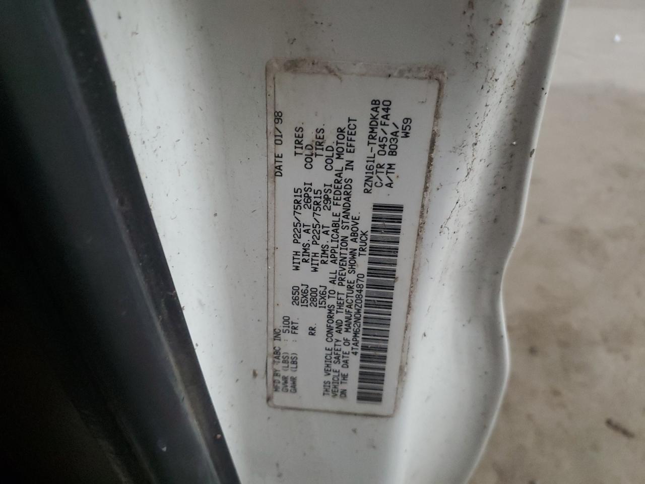 1998 Toyota Tacoma VIN: 4TAPM62N0WZ084870 Lot: 65987154