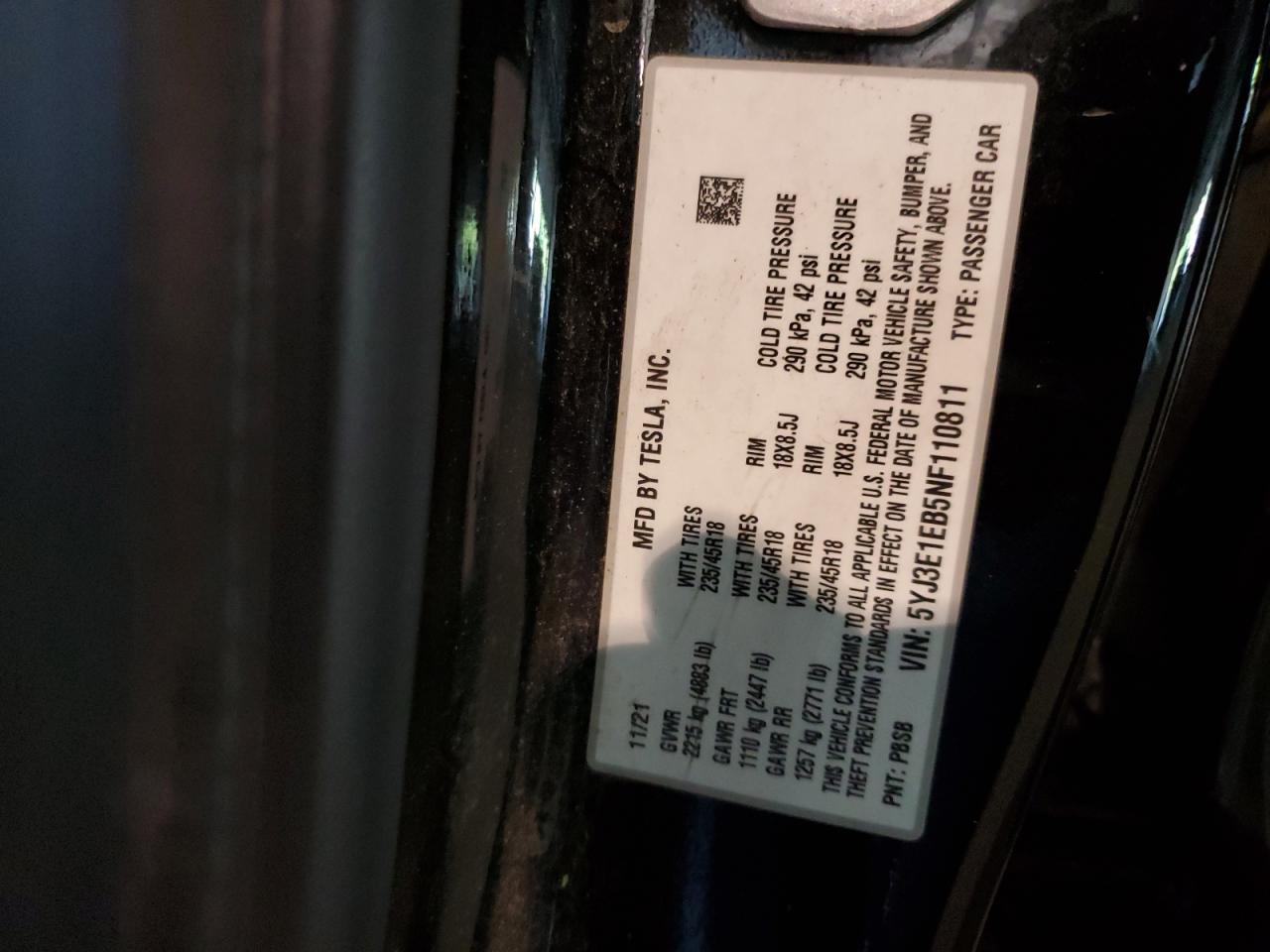 2022 Tesla Model 3 VIN: 5YJ3E1EB5NF110811 Lot: 66334184