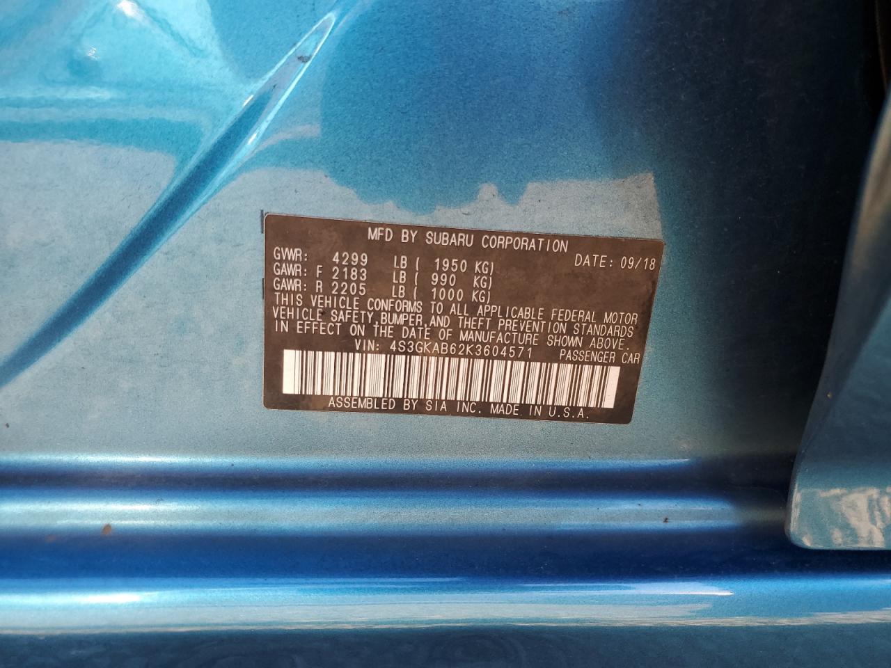 2019 Subaru Impreza VIN: 4S3GKAB62K3604571 Lot: 65090014