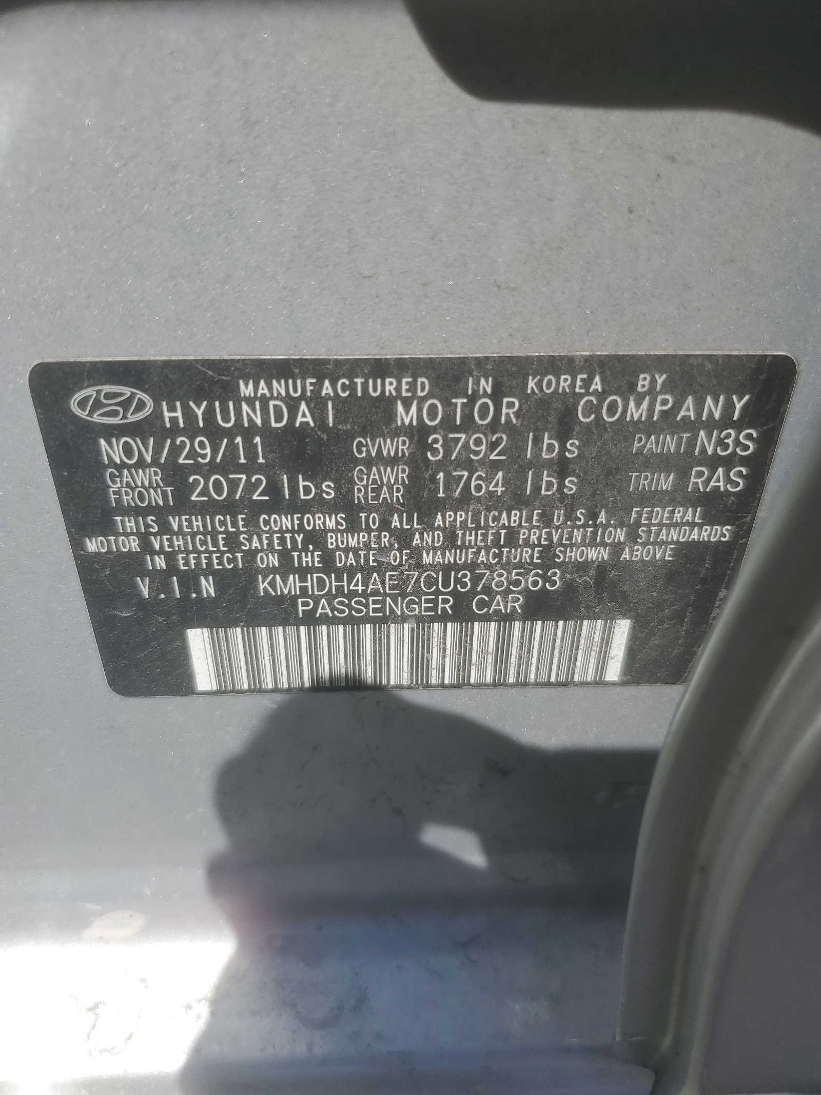KMHDH4AE7CU378563 2012 Hyundai Elantra Gls