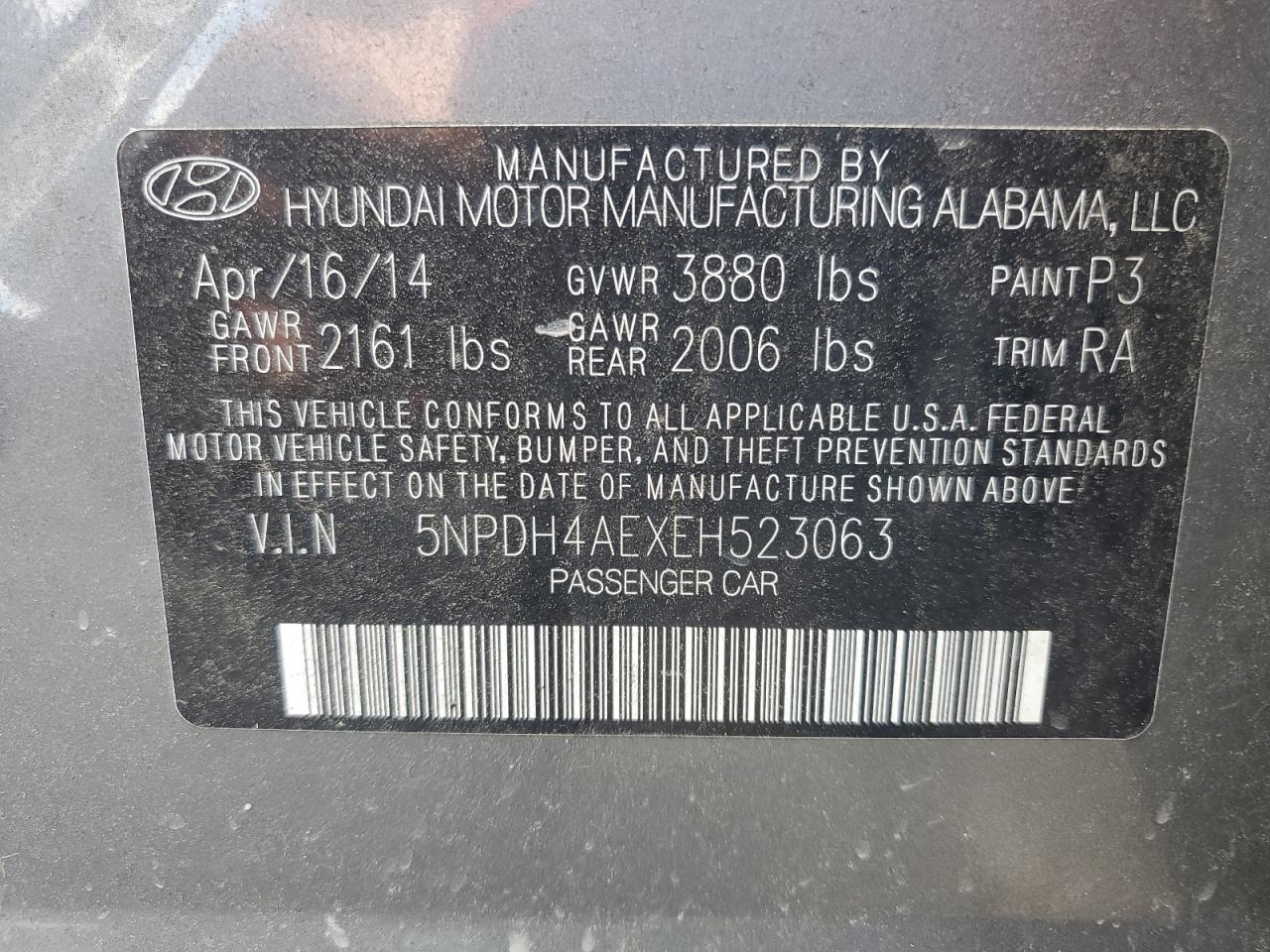 2014 Hyundai Elantra Se VIN: 5NPDH4AEXEH523063 Lot: 67844094