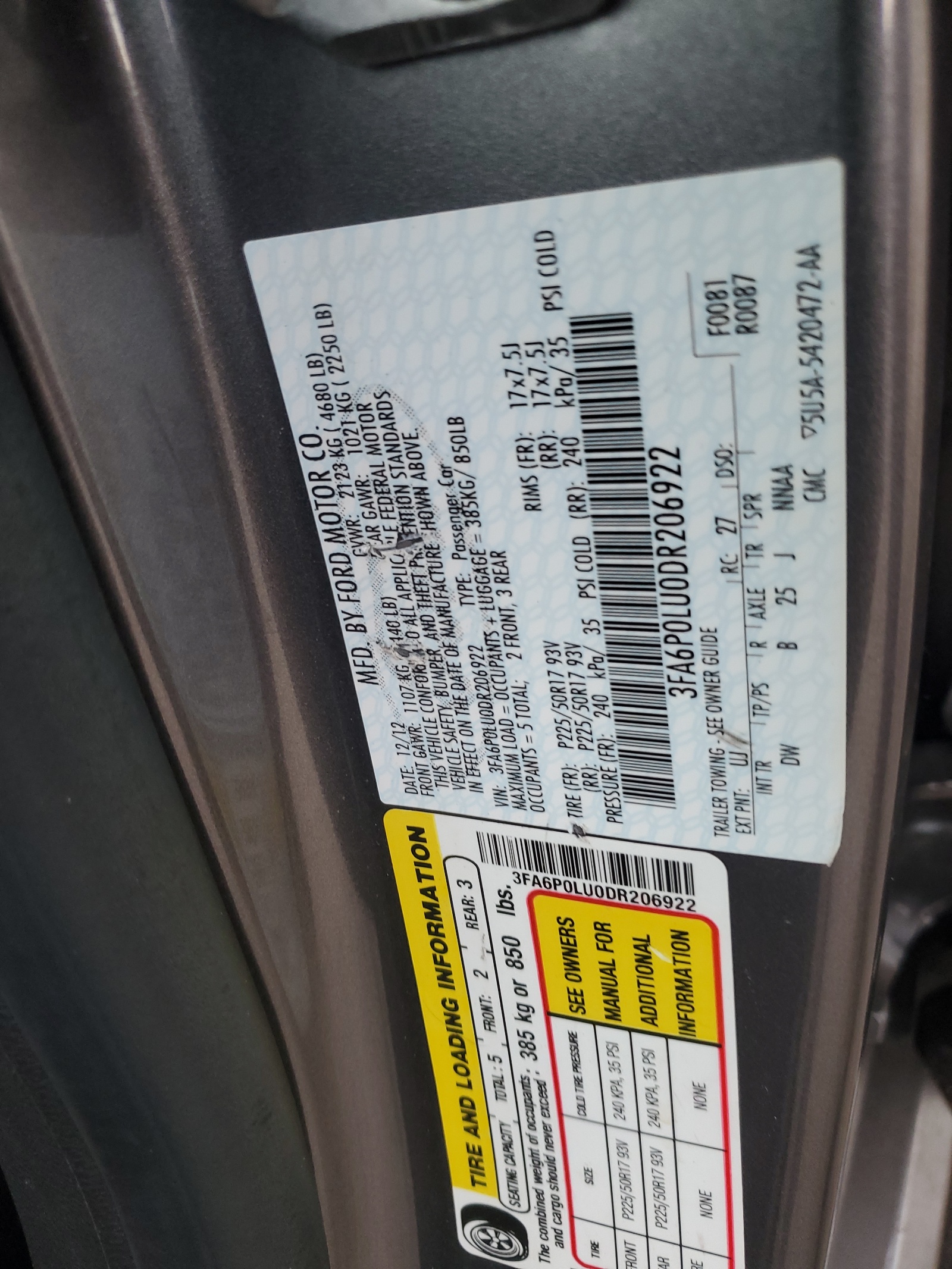 3FA6P0LU0DR206922 2013 Ford Fusion Se Hybrid