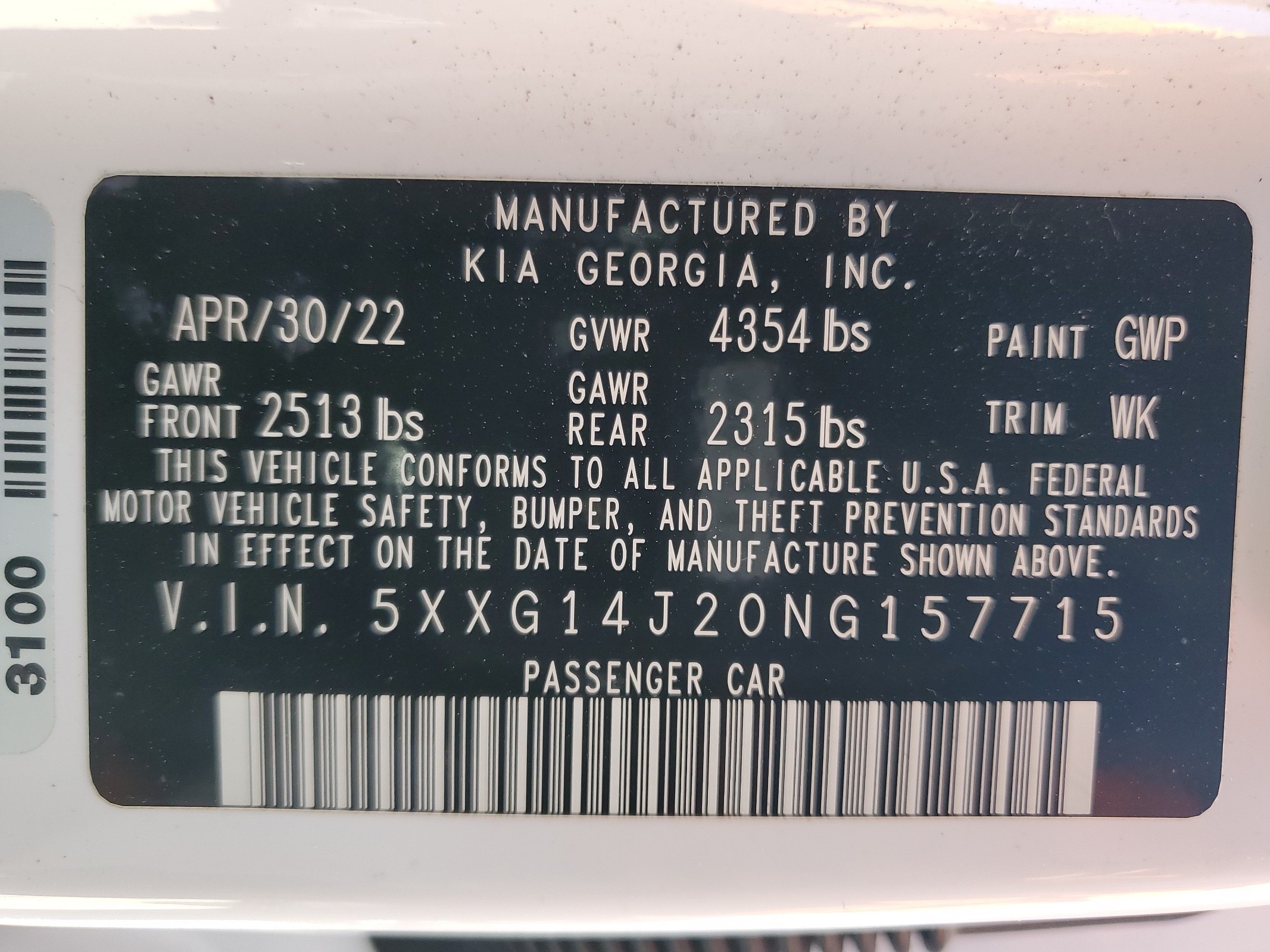 5XXG14J20NG157715 2022 Kia K5 Lxs