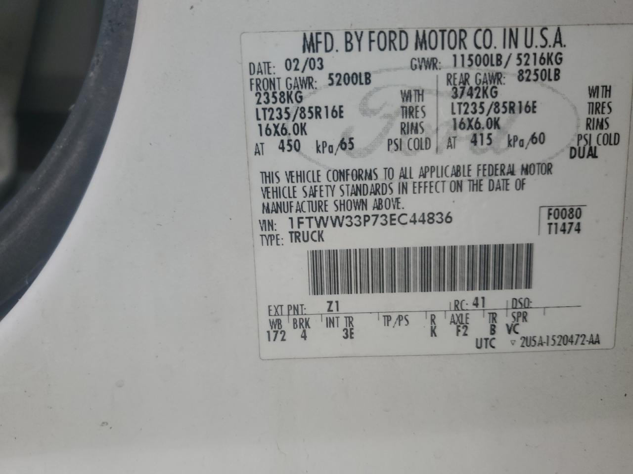 2003 Ford F350 Super Duty VIN: 1FTWW33P73EC44836 Lot: 67982144