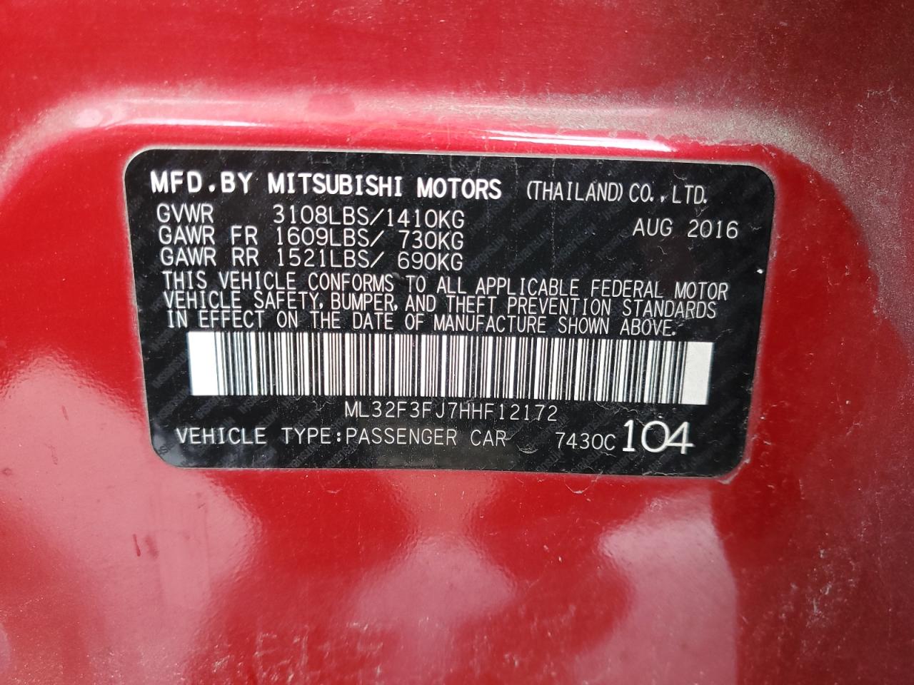 2017 Mitsubishi Mirage G4 Es VIN: ML32F3FJ7HHF12172 Lot: 66467924