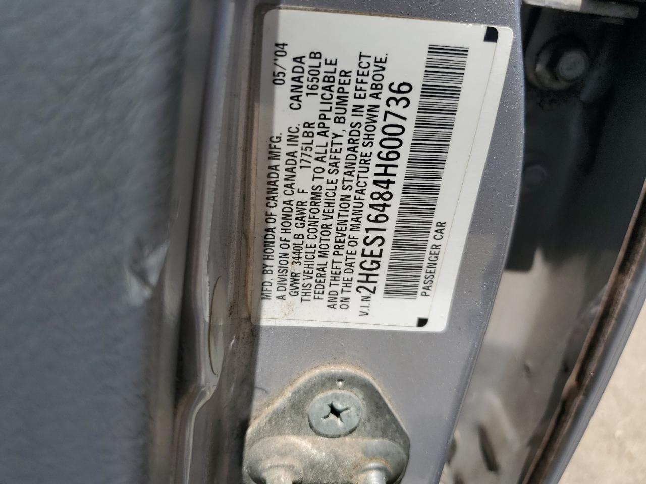 2004 Honda Civic Dx VIN: 2HGES16484H600736 Lot: 66023594