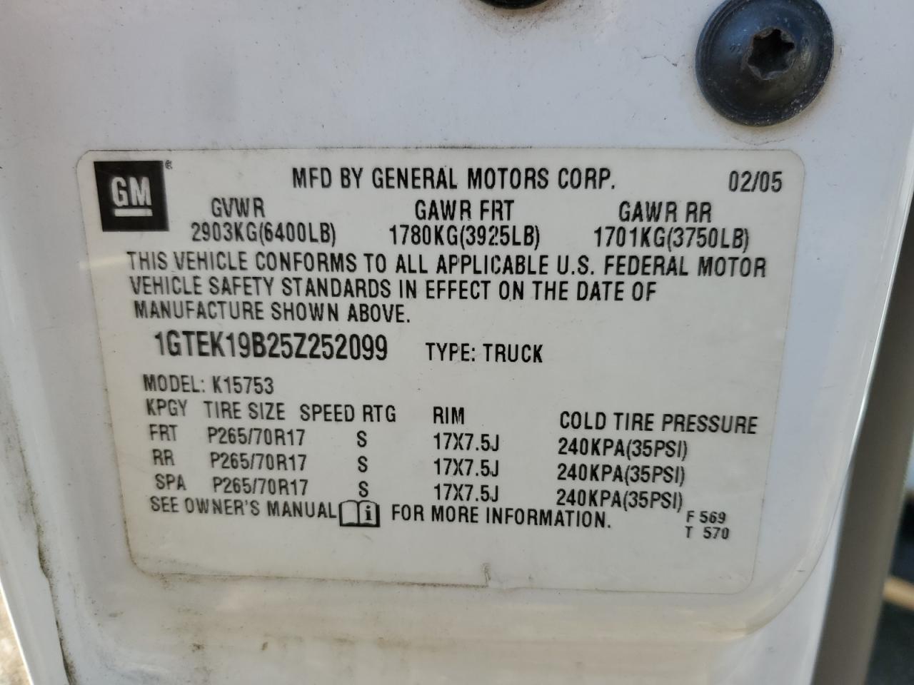 1GTEK19B25Z252099 2005 GMC New Sierra K1500