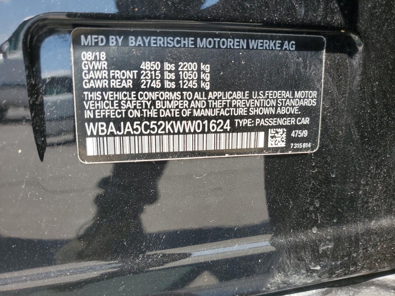 2019 BMW 530 I VIN: WBAJA5C52KWW01624 Lot: 66642344