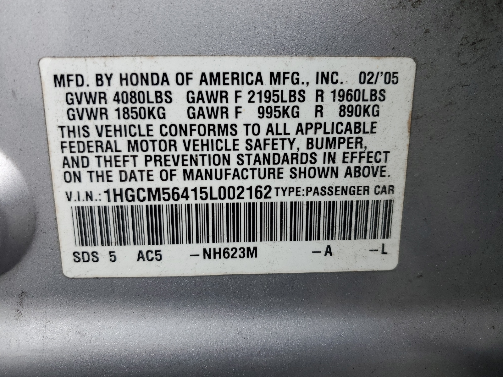 1HGCM56415L002162 2005 Honda Accord Lx