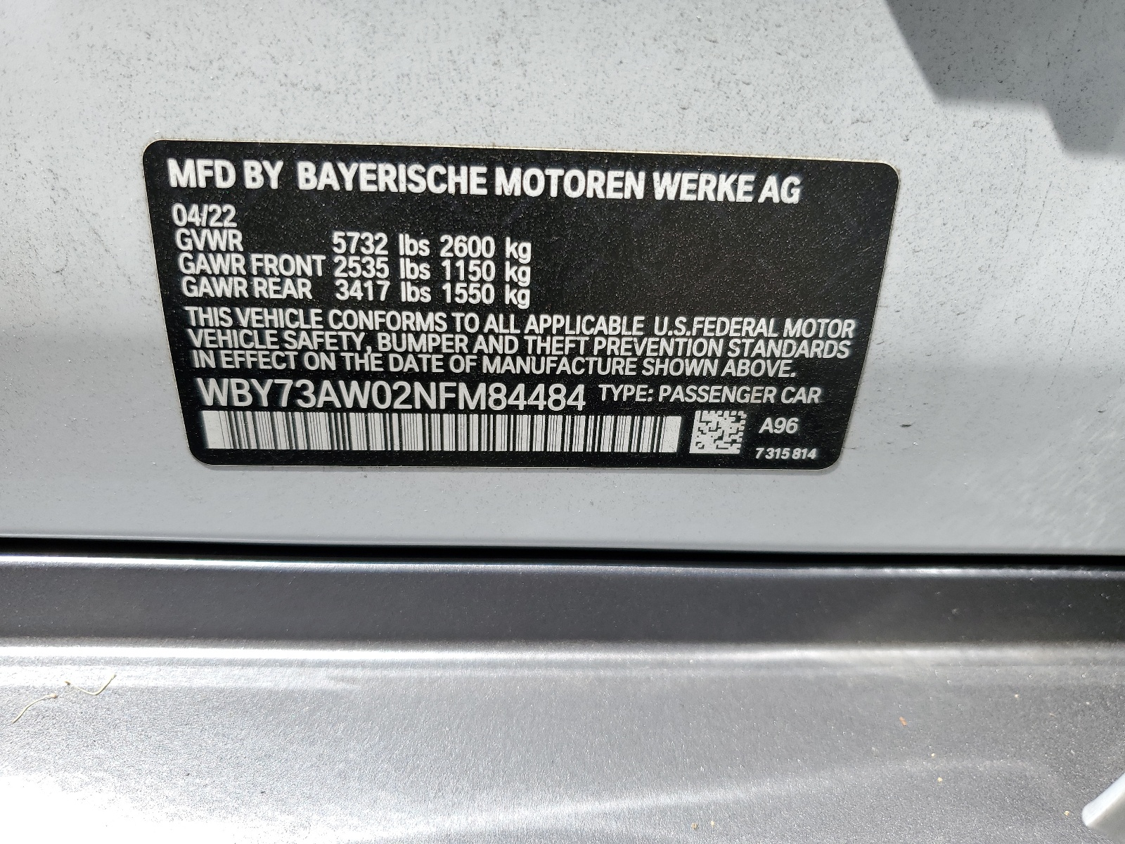 WBY73AW02NFM84484 2022 BMW I4 Edrive 40