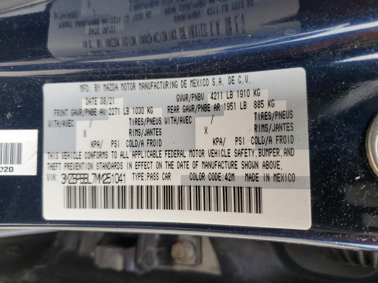 2021 Mazda 3 Select VIN: 3MZBPBBL7MM251041 Lot: 69205084