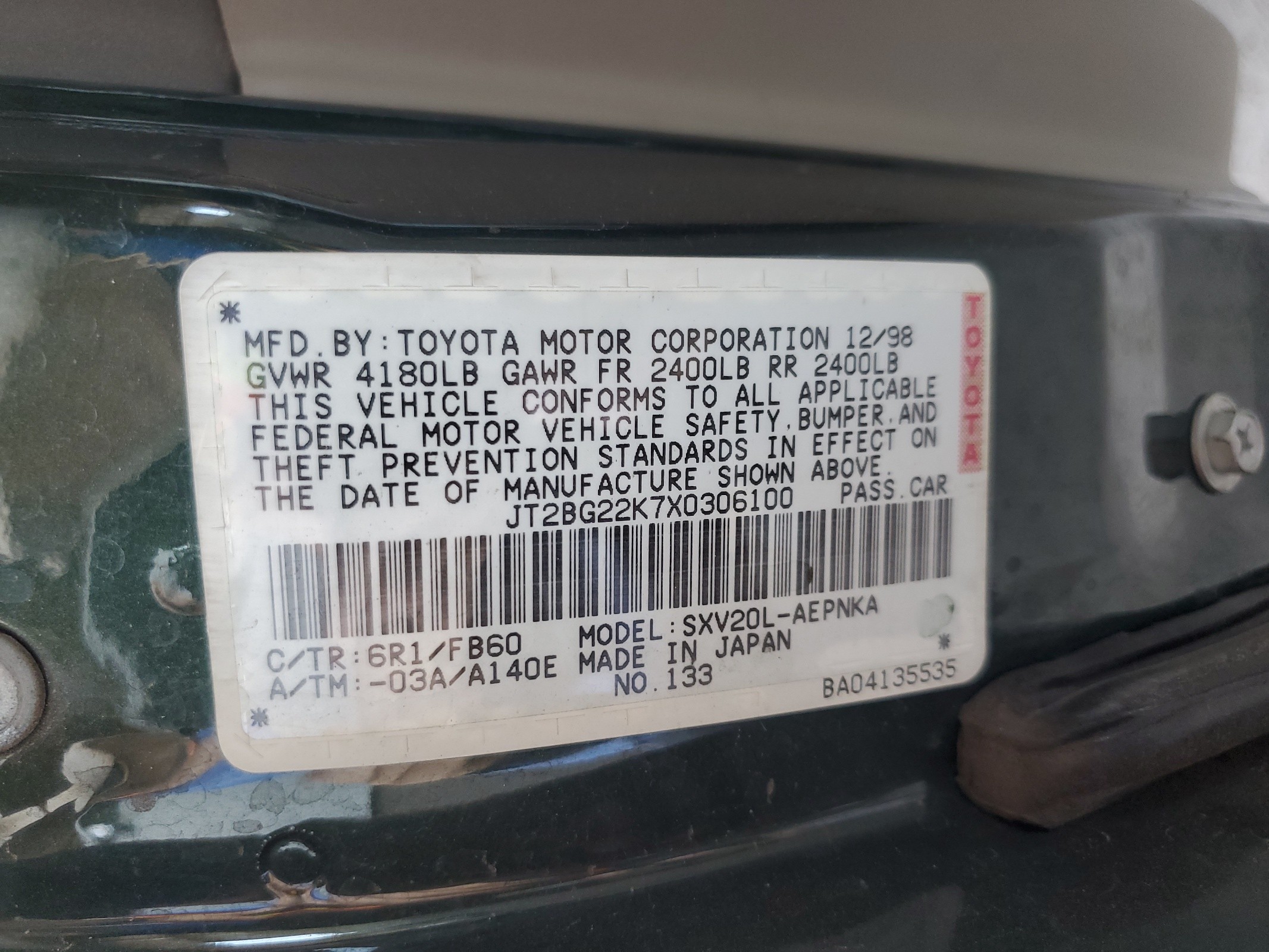 JT2BG22K7X0306100 1999 Toyota Camry Le