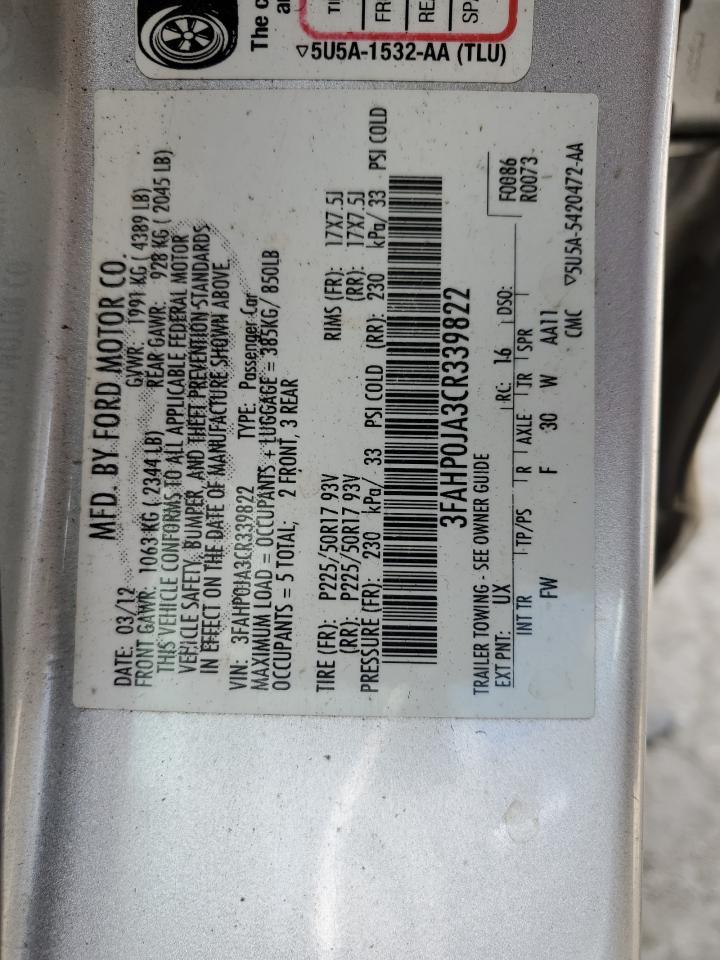 2012 Ford Fusion Sel VIN: 3FAHP0JA3CR339822 Lot: 67091064