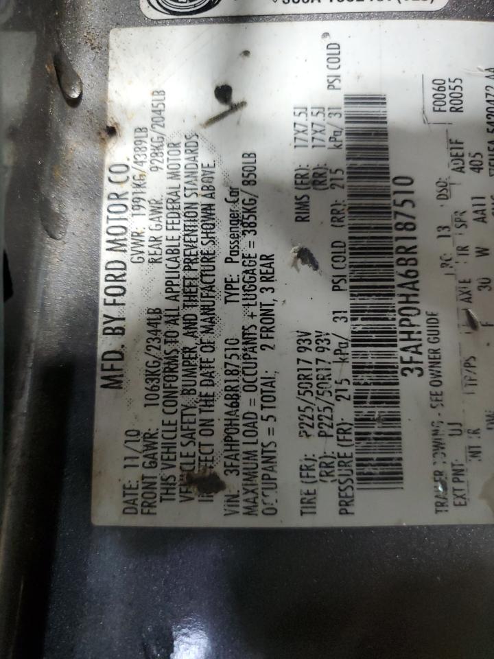 2011 Ford Fusion Se VIN: 3FAHP0HA6BR187510 Lot: 66581264