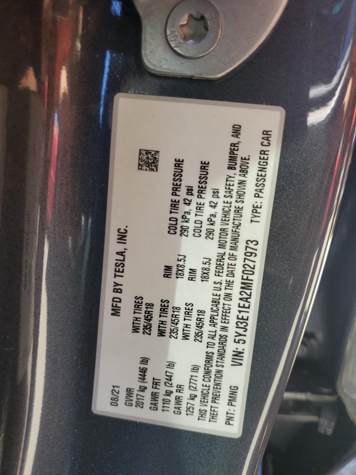 2021 Tesla Model 3 VIN: 5YJ3E1EA2MF027973 Lot: 67849044