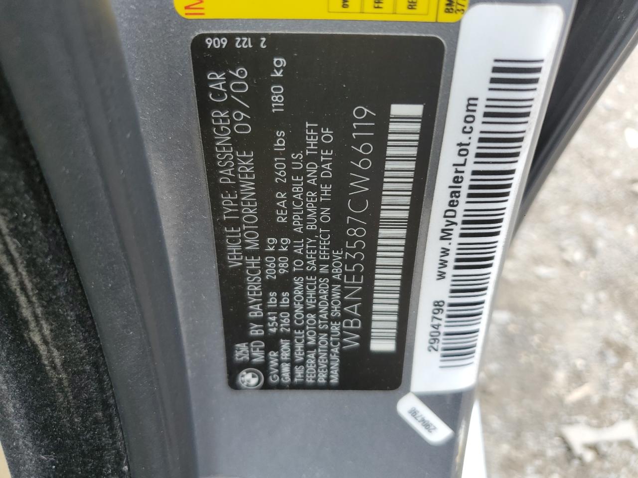 2007 BMW 525 I VIN: WBANE53587CW66119 Lot: 65595004