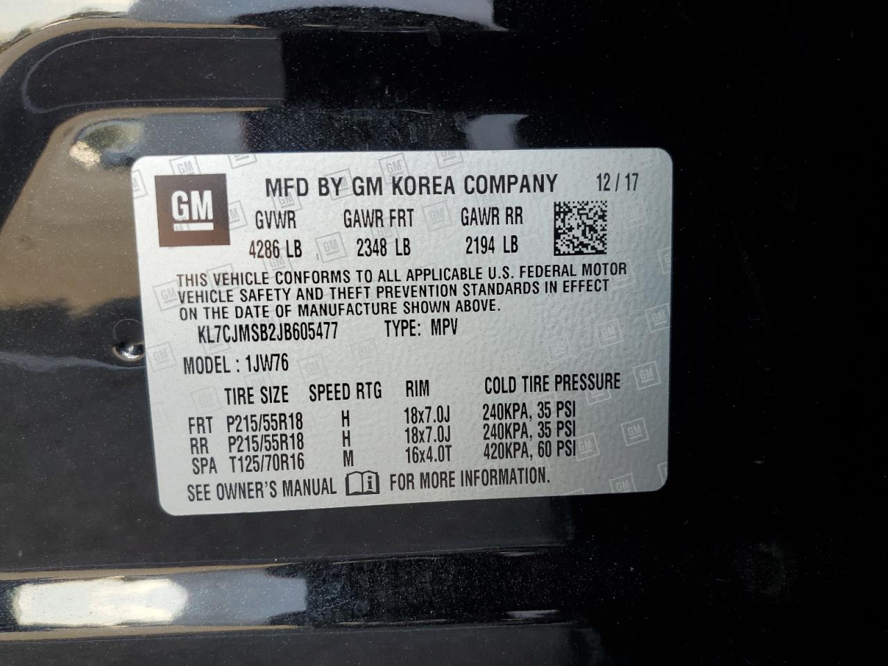 2018 Chevrolet Trax Premier VIN: KL7CJMSB2JB605477 Lot: 65678094