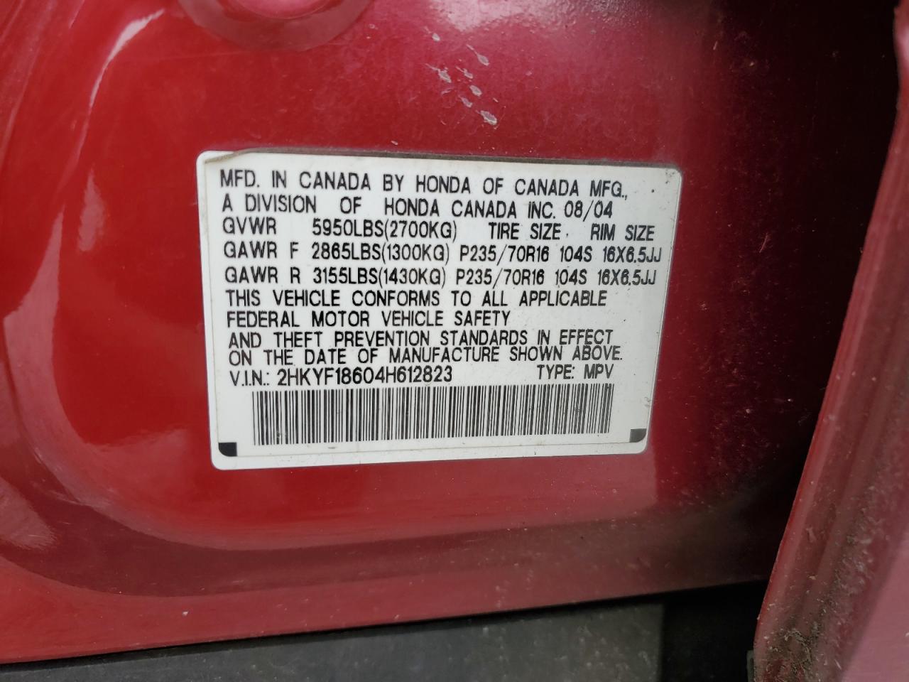 2004 Honda Pilot Exl VIN: 2HKYF18604H612823 Lot: 66645924