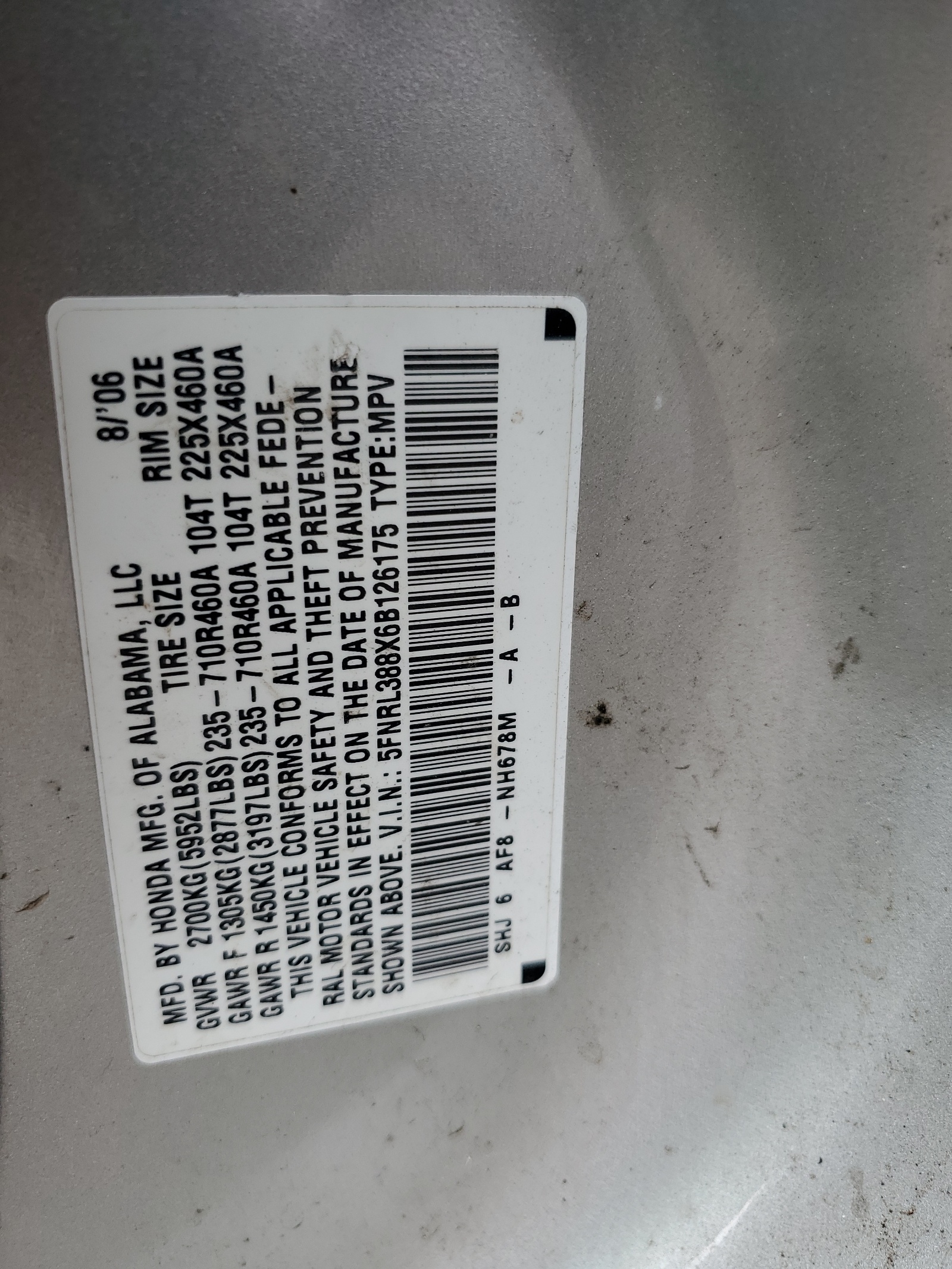 5FNRL388X6B126175 2006 Honda Odyssey Touring