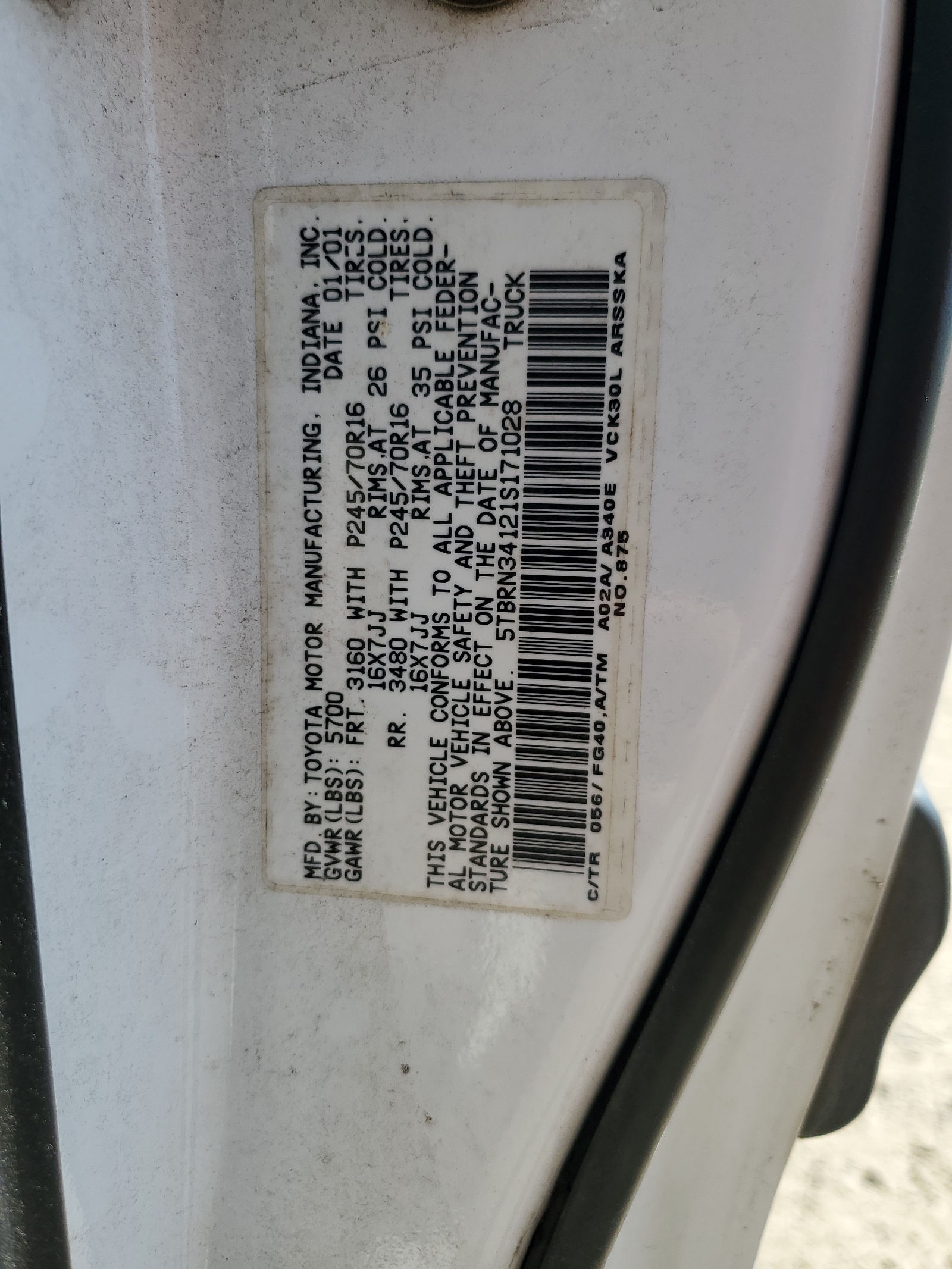 5TBRN34121S171028 2001 Toyota Tundra Access Cab Sr5