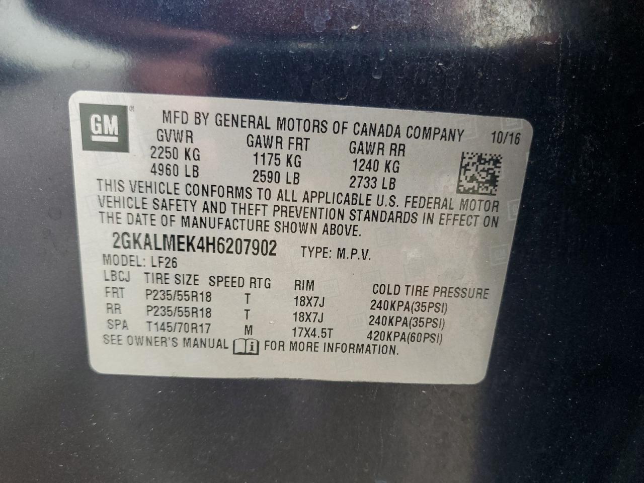 2GKALMEK4H6207902 2017 GMC Terrain Sle