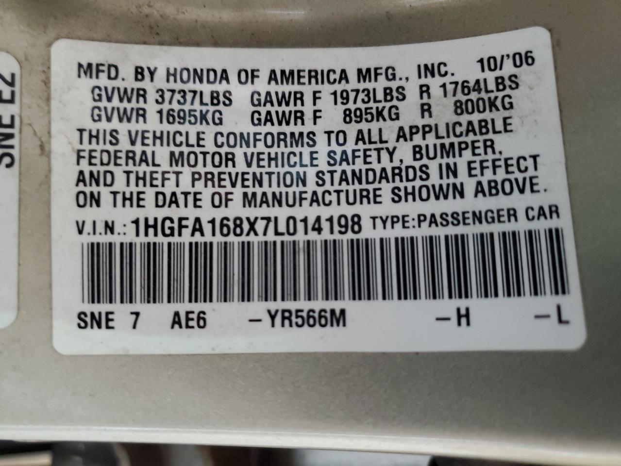 1HGFA168X7L014198 2007 Honda Civic Ex