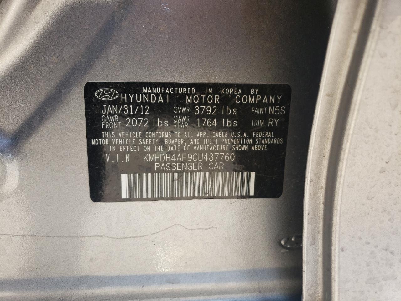 2012 Hyundai Elantra Gls VIN: KMHDH4AE9CU437760 Lot: 84178104