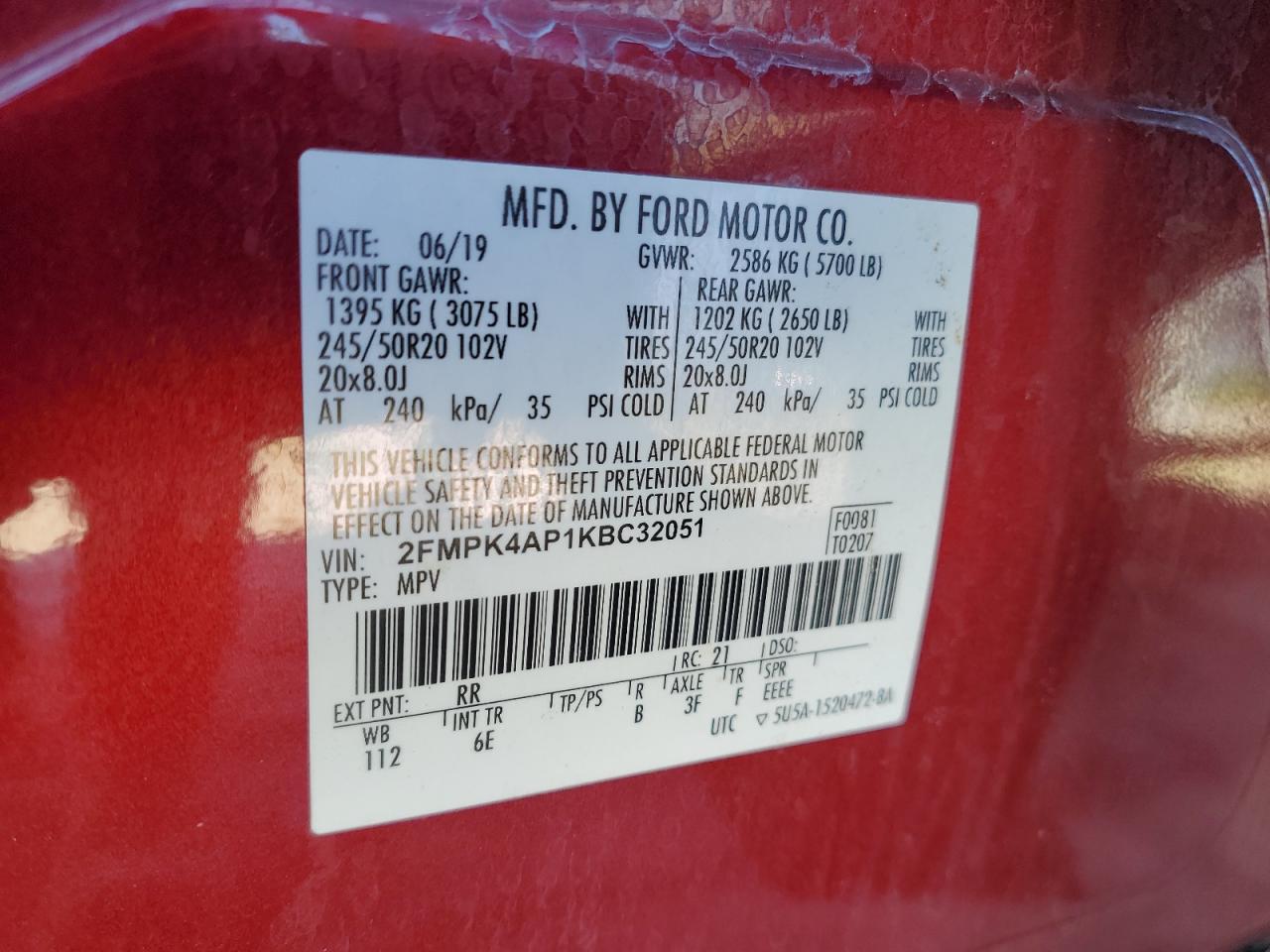 2019 Ford Edge St VIN: 2FMPK4AP1KBC32051 Lot: 65767194