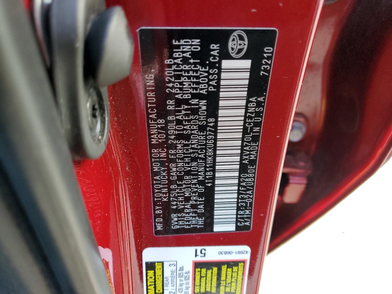 4T1B11HK8KU697748 2019 Toyota Camry L