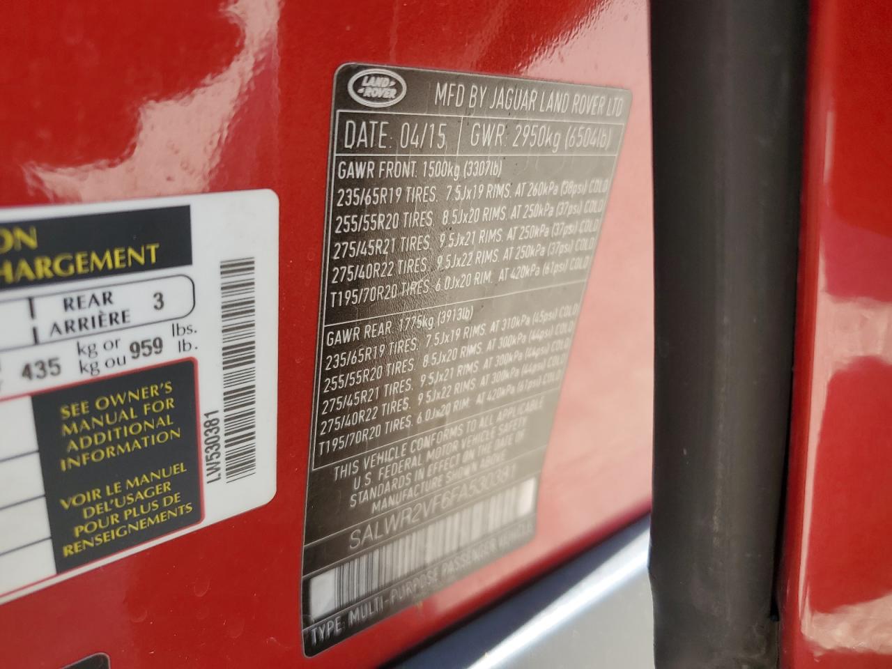 2015 Land Rover Range Rover Sport Hse VIN: SALWR2VF6FA530381 Lot: 64123314