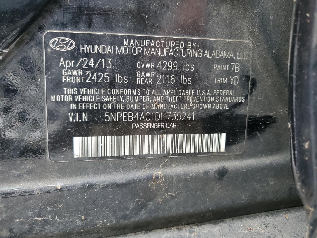 2013 Hyundai Sonata Gls VIN: 5NPEB4AC1DH735241 Lot: 57731374