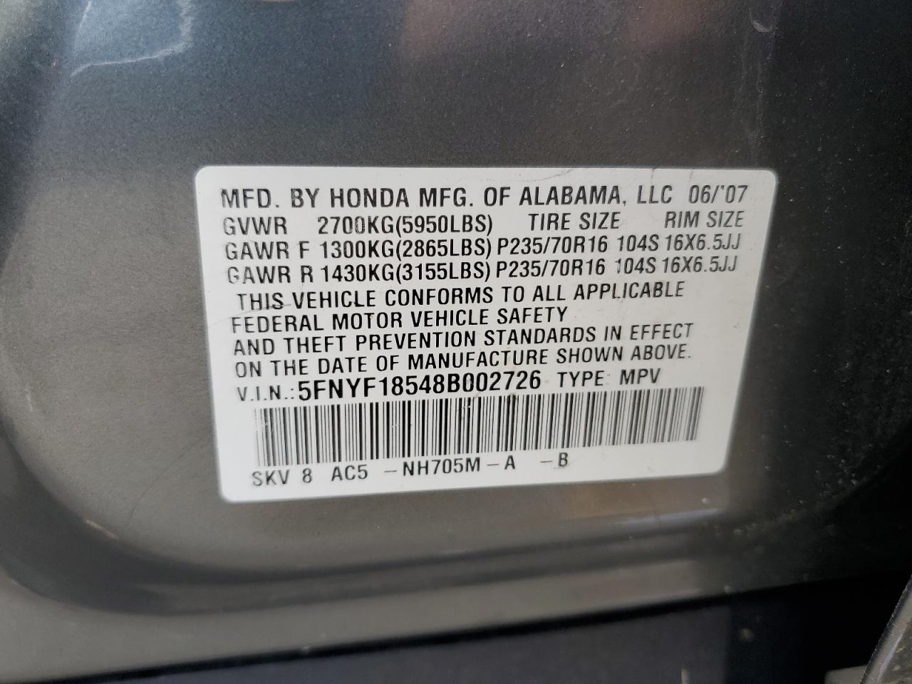 5FNYF18548B002726 2008 Honda Pilot Exl