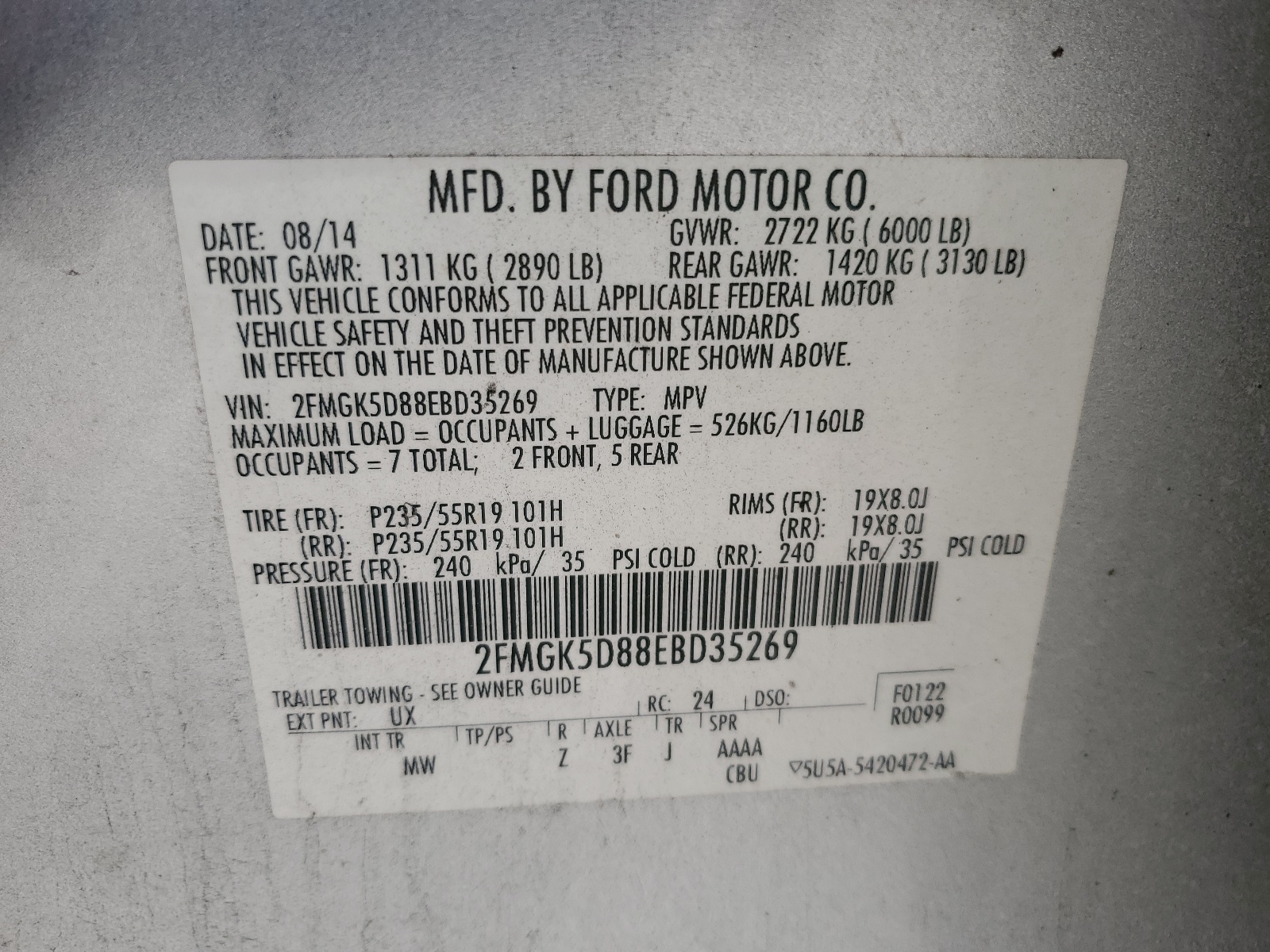 2FMGK5D88EBD35269 2014 Ford Flex Limited