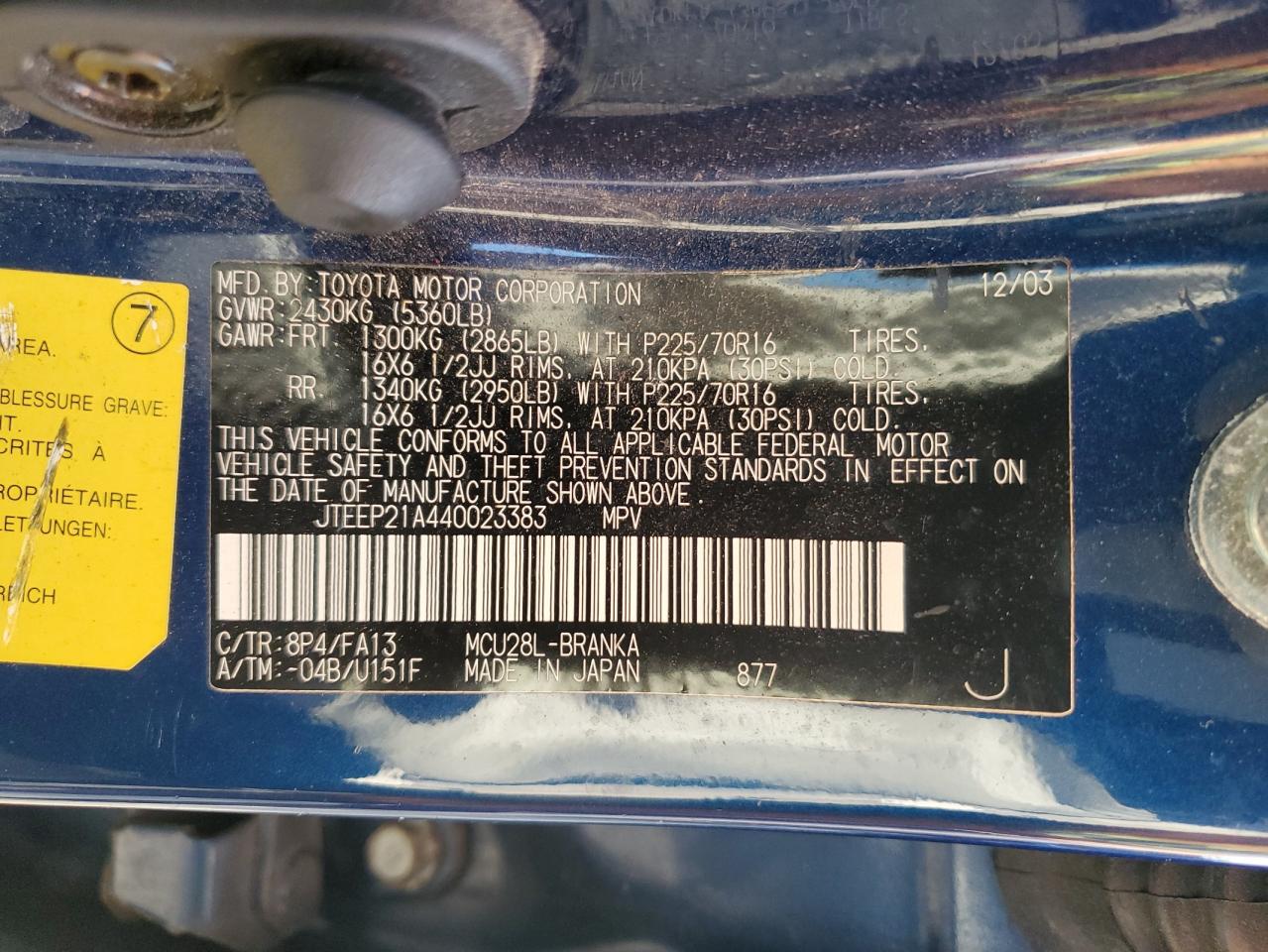 2004 Toyota Highlander VIN: JTEEP21A440023383 Lot: 66542964