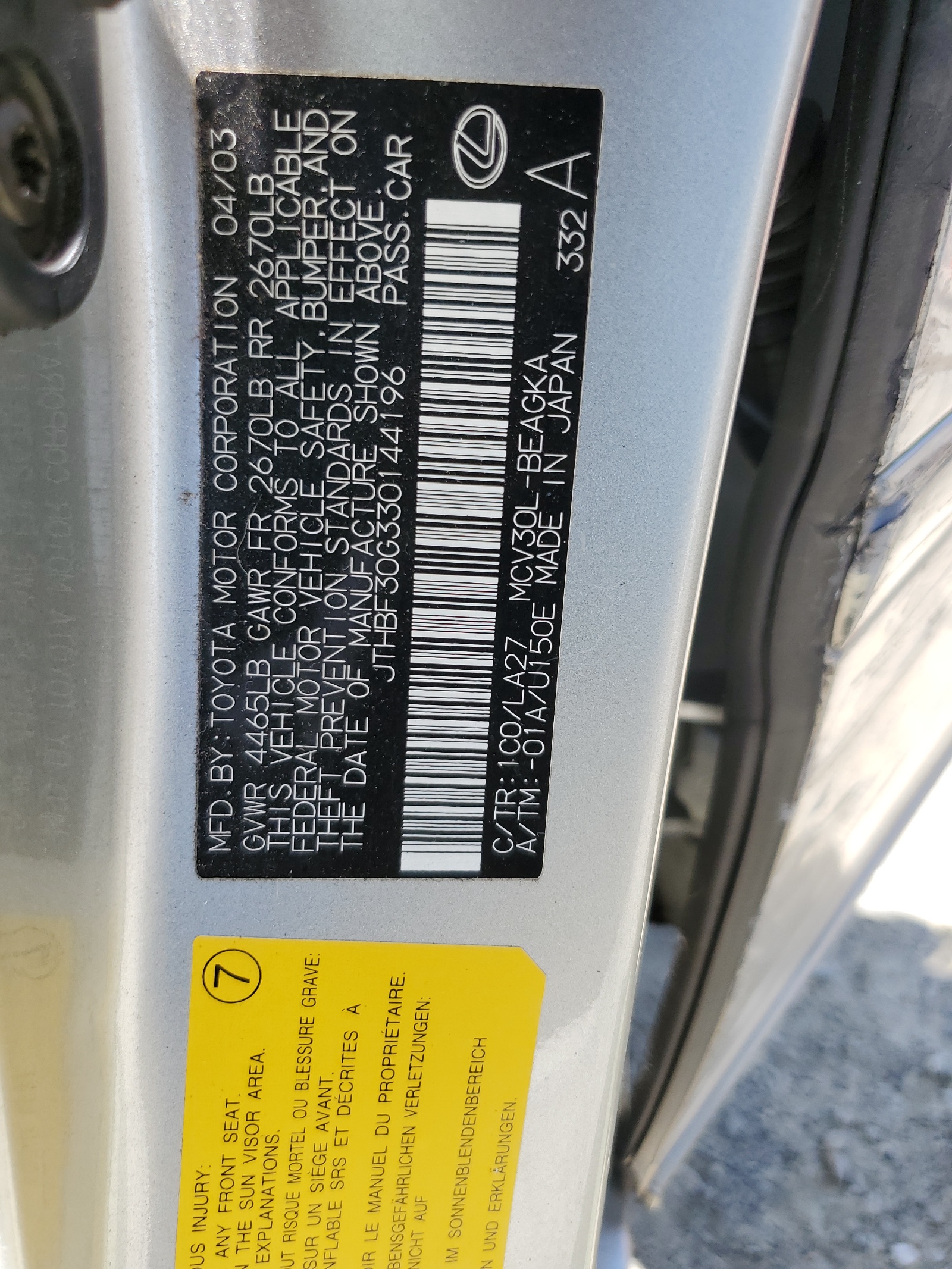 JTHBF30G330144196 2003 Lexus Es 300