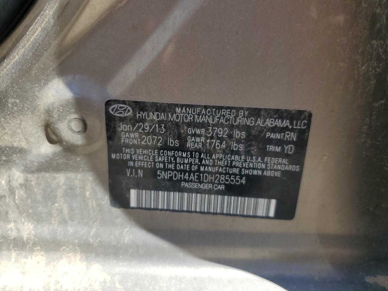 2013 Hyundai Elantra Gls VIN: 5NPDH4AE1DH285554 Lot: 66000284