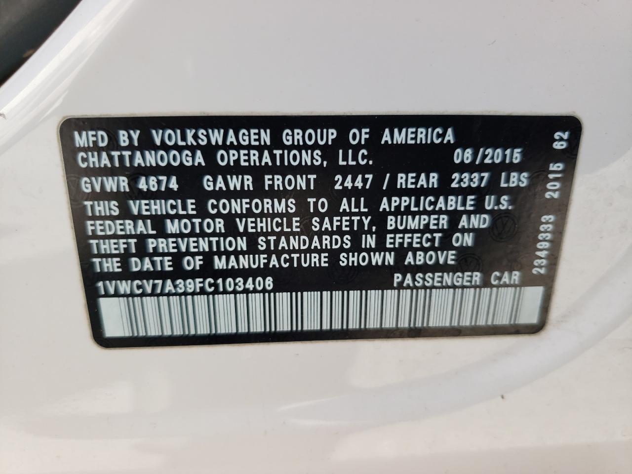 2015 Volkswagen Passat Sel VIN: 1VWCV7A39FC103406 Lot: 82234114