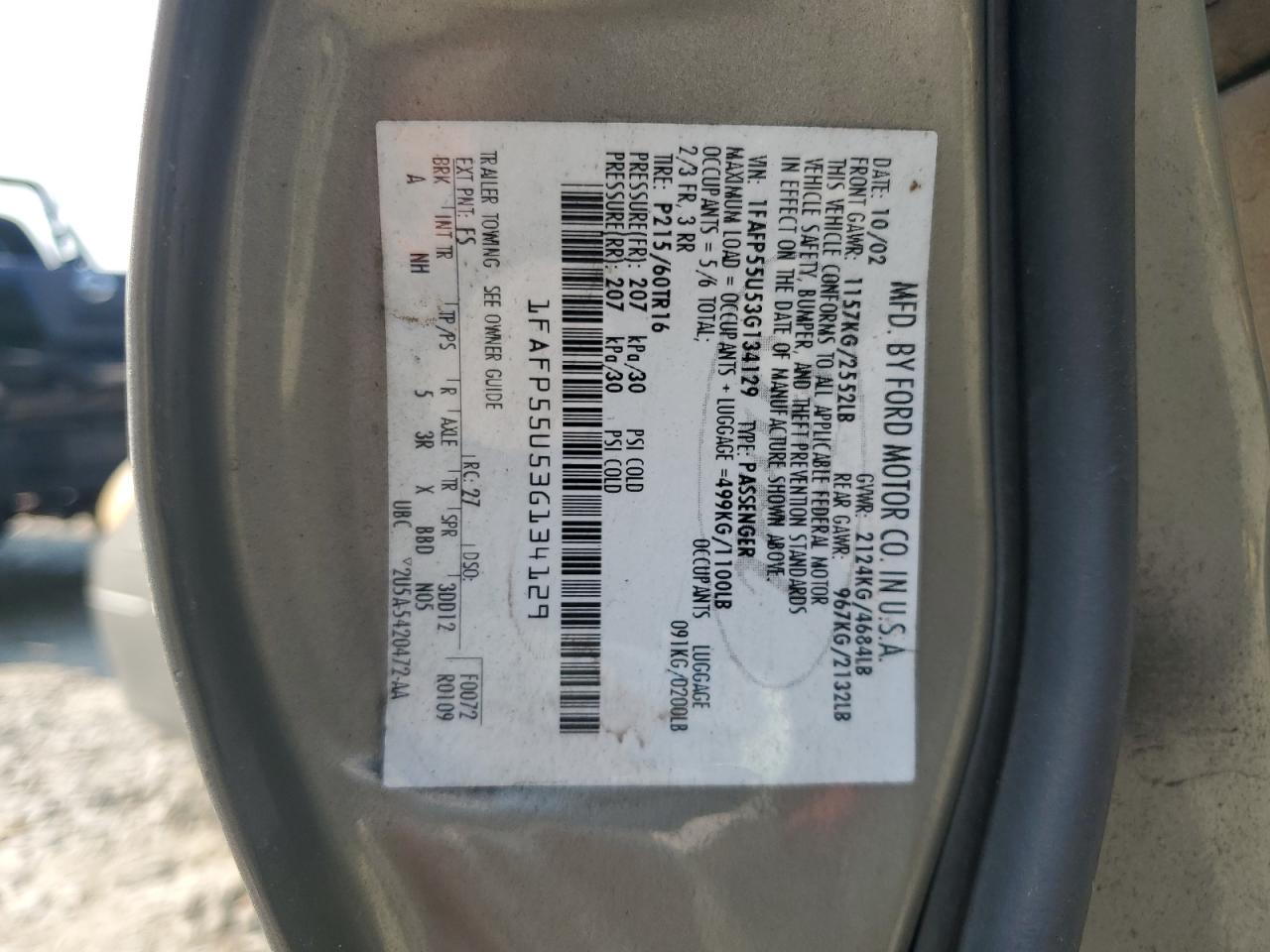 2003 Ford Taurus Ses VIN: 1FAFP55U53G134129 Lot: 65439014