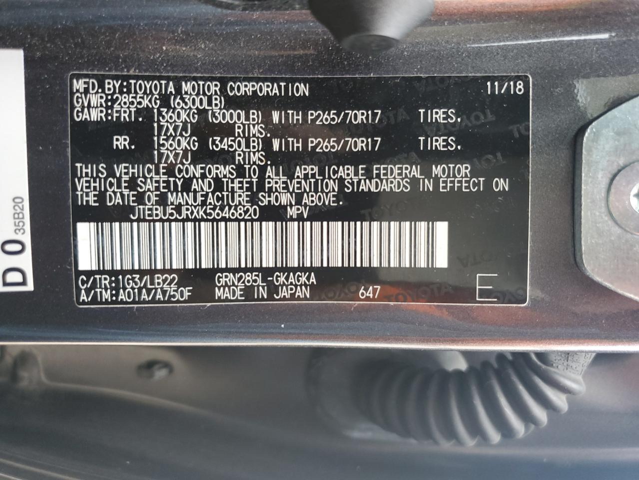 JTEBU5JRXK5646820 2019 Toyota 4Runner Sr5